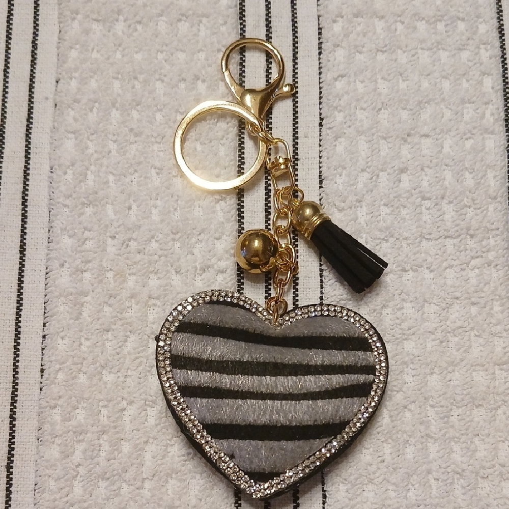Gold-Tone Heart Stripe Keychain with Tassel - Black/Gray